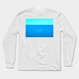 Scene from Numana Alta with the Adriatic Sea, waves, a mini-yacht and its white trail Long Sleeve T-Shirt